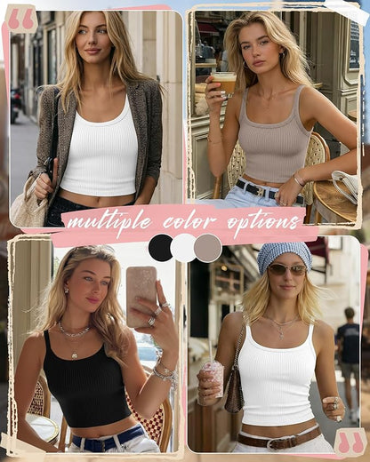 Ficerd 3 Pack Women's Tank Tops 95% Cotton Spaghetti Strap Ribbed Crop Camisole Slim Fitted Basic Summer Sleeveless Layer
