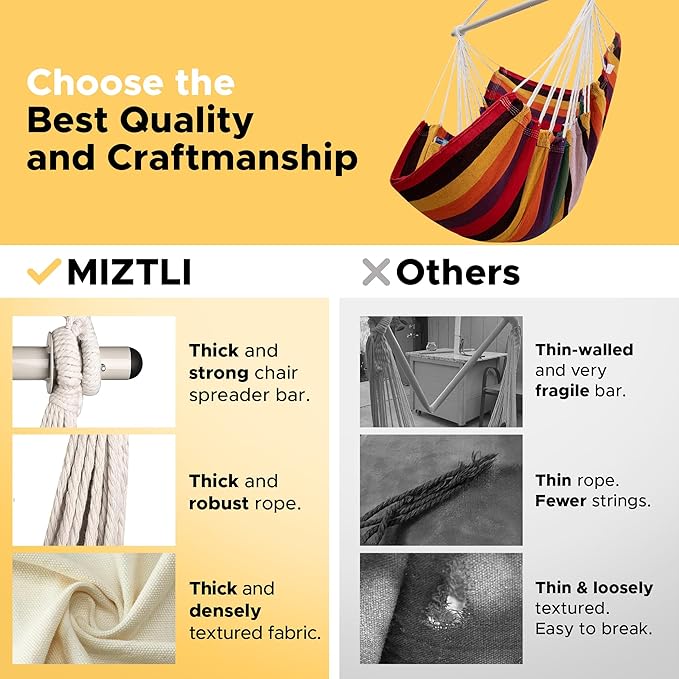MIZTLI Hammock Chair Hanging Chair Swing Chair Hanging Chair for Bedroom Indoor Outdoor- Max 500 Lbs－Steel Spreader Bar with Anti-Slip Rings, 2 Cushions