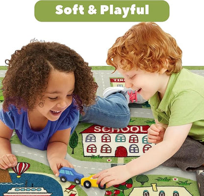 LIVEBOX Green Kids Playroom Rug, 5'x7' Washable Road Rug for Kids Room, Non-Slip Soft Car Rug Play Mat for Baby Nursery, Large City Traffic Rug Classroom for Boys Girls Dorm Toy Room Tent