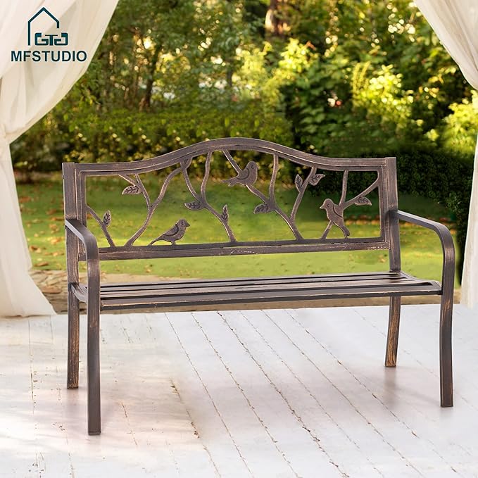 MFSTUDIO 50" Outdoor Garden Bench, Patio Metal Frame Park Bench with Bird Pattern Backrest for Porch, Lawn, Deck(Bronze)
