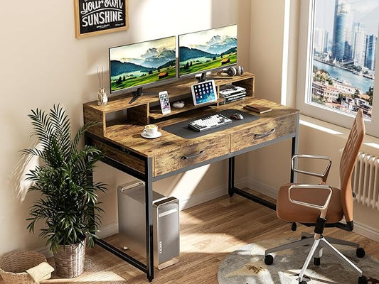 Computer Desk with Drawers, 47" Home Office Desk with Monitor Shelf, Writing Desk with Storage, Gaming Desk Work Desk Study Desk for Bedroom, Rustic Brown