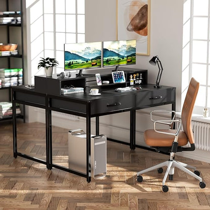 Computer Desk with Drawers, 47" Home Office Desk with Monitor Shelf, Writing Desk with Storage, Gaming Desk Work Desk Study Desk for Bedroom, Black
