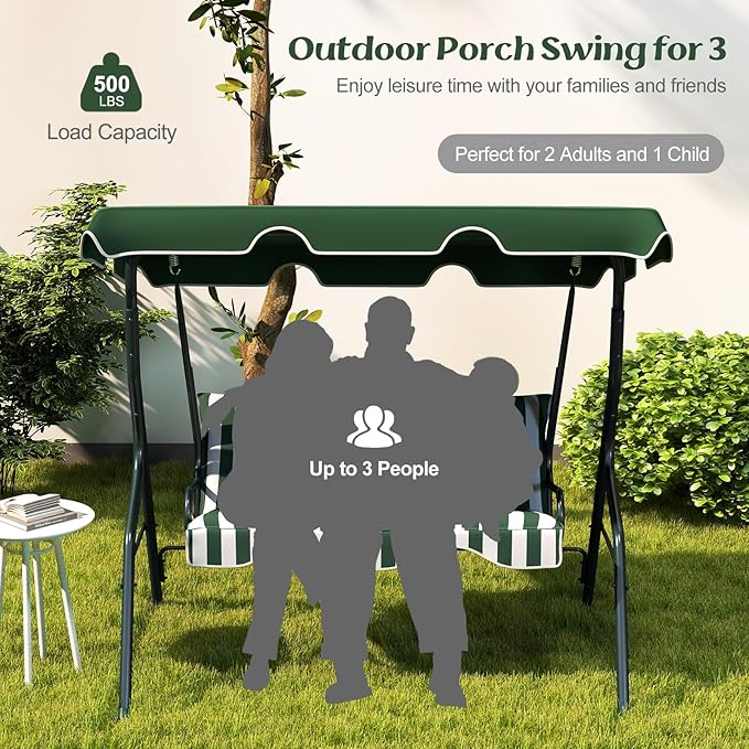 Tangkula 3 Person Porch Swing, Patio Swing with Removable Cushion & Powder-Coated Steel Frame, Outdoor Swing with Canopy for Porch, Backyard, Garden, Balcony (Green)