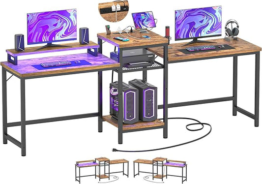 Unikito Double Computer Desk with LED Strip and Power Outlet, 2 Person Desk with Monitor Stand and Storage, Ergonomic Computer Desk with Printer Stand for Home Office, Long Gaming desk, Rustic Brown