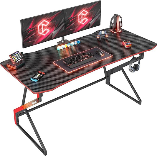 CubiCubi Simple Gaming Desk Z Shaped 55 inch Gamer Workstation, Home Computer Carbon Fiber Surface Gaming Desk PC Table with Headphone Hook