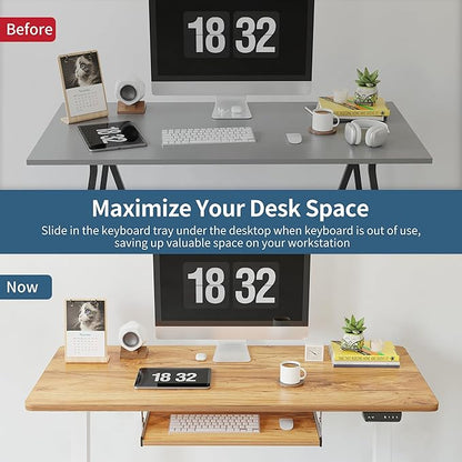 BANTI 63" x 24" Height Adjustable Electric Standing Desk with Keyboard Tray, Sit Stand up Desk with Splice Board, White Frame/Light Rustic Brown Top