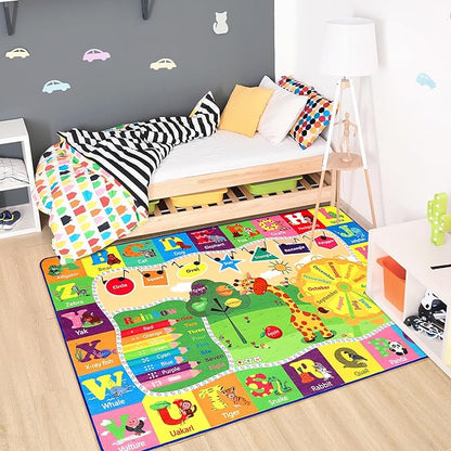 Chicrug Educational Kid Area Rug for Playroom, 5x7 Feet TPR Non Slip Kids Classroom Carpet Rug for Learning ABC Animal, Shape Color Fruit, Washable Play Mat Rug for Children Nursery Toddler Room Decor
