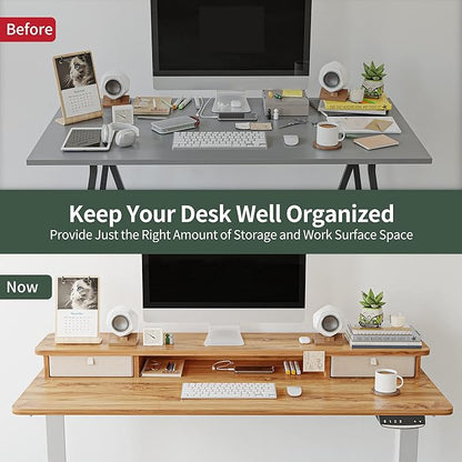 FEZIBO 60 x 24 Inch Height Adjustable Electric Standing Desk with Double Drawer, Stand Up Desk with Storage Shelf, Sit Stand Desk, Light Rustic