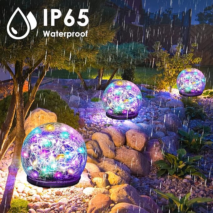 2 Pack 60 LED Garden Solar Lights Outdoor Decorative, Colored Cracked Glass Solar Globe Lights, Upgraded Waterproof Multicolor Ball Lights for Yard Pathway Patio Lawn Outside Decor