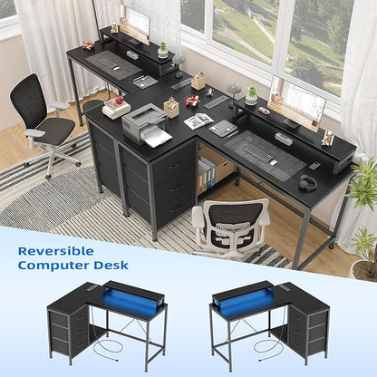 L Shaped Desk with Power Outlets & LED Lights, Computer Desk with Drawers & Shelves, Corner Desk Gaming Desk Home Office Desk, Black