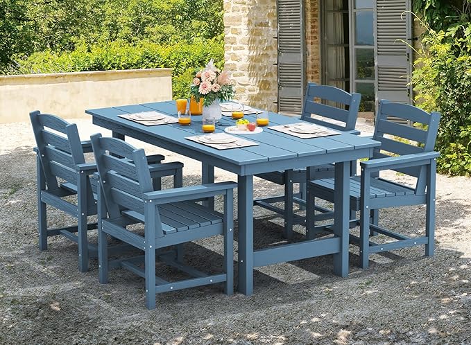 SERWALL 7-Piece Patio Dining Table Sets, Outdoor HDPE Dining Furniture Set with Umbrella Hole Cut-Out Table and 6 Chairs, Blue