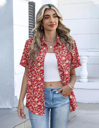Zeagoo Button Down Shirts for Women Short Sleeve Collared Tops Dressy Casual V Neck Blouses