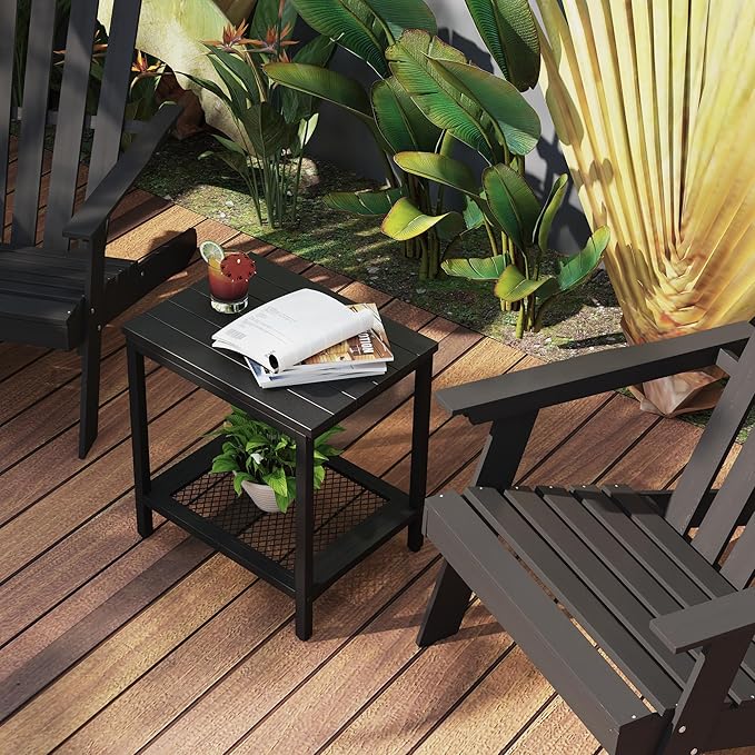 Outdoor Side Table with Storage, 2-Tier Patio End Tables Weather Resistant, Black Outdoor Accent Table,Small Side Table for Pool, Deck, Garden