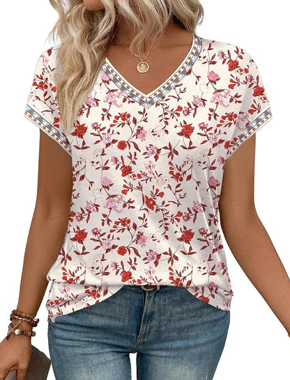 WIHOLL Womens Summer Tops 2026 Cap Short Sleeve Shirs V Neck T Shirts Fashion Beach Vacation Clothes Color Block