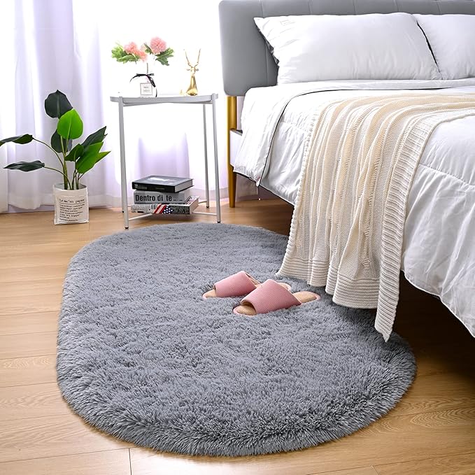 Merelax Soft Shaggy Rug for Kids Bedroom, Oval 2.6 x5.3 ft Grey Plush Fluffy Carpets for Living Room, Furry Carpet for Teen Girls Room, Anti-skid Fuzzy Comfy Rug for Nursery Decor Cute Baby Play Mat