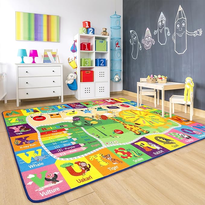 Chicrug Educational Kid Area Rug for Playroom, 5x7 Feet TPR Non Slip Kids Classroom Carpet Rug for Learning ABC Animal, Shape Color Fruit, Washable Play Mat Rug for Children Nursery Toddler Room Decor