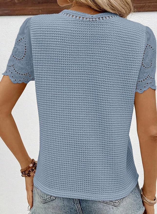 SHEWIN Womens Frenchy Summer Tops Crewneck Short Sleeve T Shirts Casual Waffle Knit Jacquard Blouses Top Shirts