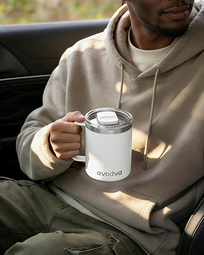 12oz Insulated Coffee Mug with Lid – Includes Two Lids, Stainless Steel Coffee Travel Mug with Handle, Double Wall Vacuum Insulated Camping Mug for Home, Office & Outdoor, White