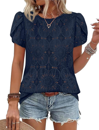 OFEEFAN Blouses for Women Dressy Casual Petal Short Sleeve Shirts Crochet Lace Boho Tops Spring Fashion Summer Outfits