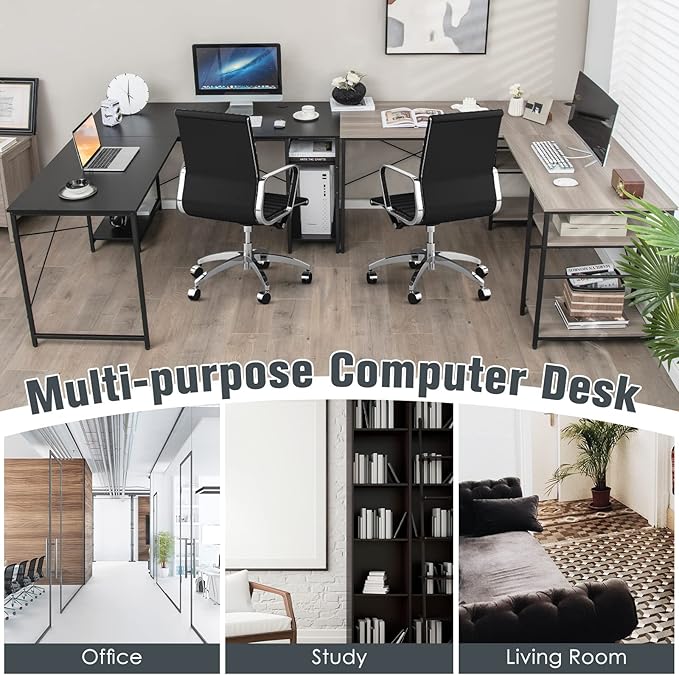 L-Shaped Home Office Desk, Corner Computer Desk w/Monitor Stand, Reversible PC Desk w/Heavy-Duty Metal Frame, Long Office Desk for 2 Person, Space-Saving Design (Black)