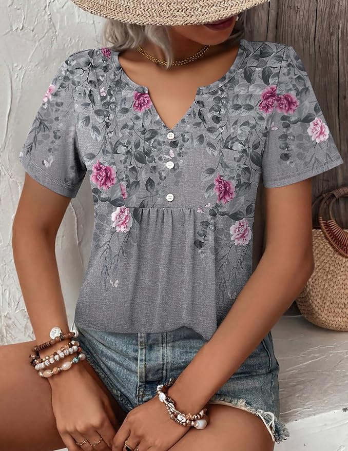Zeagoo Womens Short Sleeve Tops Summer Henley V-Neck Tshirts Casual Pleated Blouse Dressy Loose Floral Basic Tee
