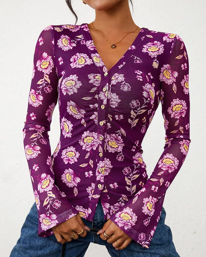 BTFBM Button Down Shirts for Women 2026 Fall Boho Tops V Neck Long Sleeve Blouses Ruched Mesh Fitted Fashion Clothing