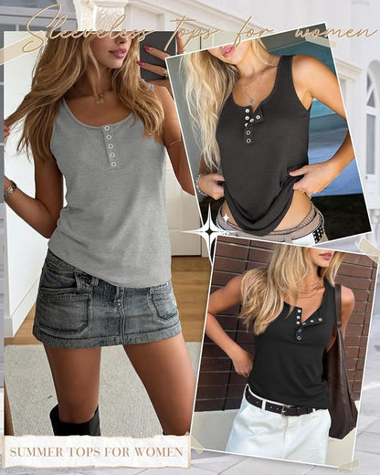 Ficerd 3 Pack Women's Henley Tank Tops Sleeveless Button Down Summer Shirts 2026 Casual Trendy Loose U Neck Tee Blouses
