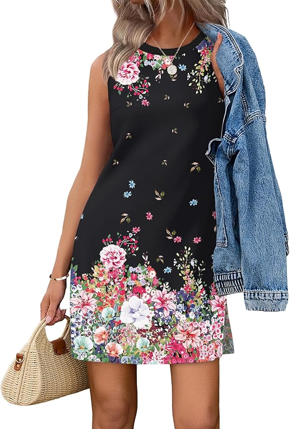 WIHOLL Casual Dresses for Women Crewneck Sleeveless Tank Dress Summer Spring Boho Vacation Clothes