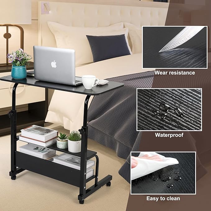 Adjustable Mobile Laptop Desk Portable Detachable Wheels Home Office Desk Height, Bedside Table Additional Storage Rack Small Spaces Veranda Office Desk Size 15.7 * 31.5 Inch Black