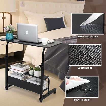 Adjustable Mobile Laptop Desk Portable Detachable Wheels Home Office Desk Height, Bedside Table Additional Storage Rack Small Spaces Veranda Office Desk Size 15.7 * 31.5 Inch Black
