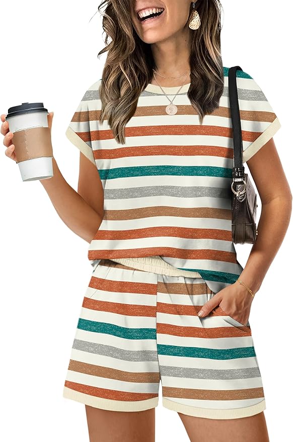 WIHOLL Two Piece Sets for Women Summer Lounge Short Sets Cap Sleeve Crew Neck Sweatsuit with Pocket XS-2XL