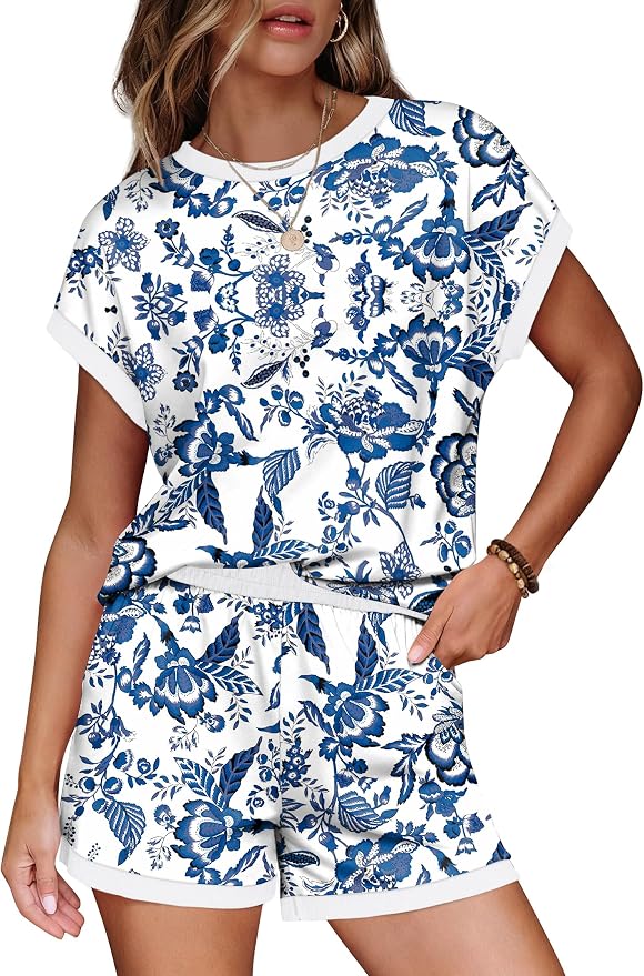 WIHOLL Two Piece Sets for Women Summer Lounge Short Sets Cap Sleeve Crew Neck Sweatsuit with Pocket XS-2XL