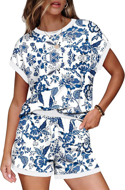 WIHOLL Two Piece Sets for Women Summer Lounge Short Sets Cap Sleeve Crew Neck Sweatsuit with Pocket XS-2XL