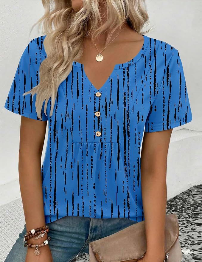 Zeagoo Womens Short Sleeve Tops Summer Henley V-Neck Tshirts Casual Pleated Blouse Dressy Loose Floral Basic Tee