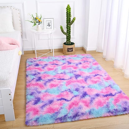 AROGAN Soft Rainbow Area Rugs for Girls Room 4x6 Feet, Fluffy Bedroom Rugs, Princess Rug, Cute Colorful Carpet for Kids Teens Nursery Toddler, Hot Pink