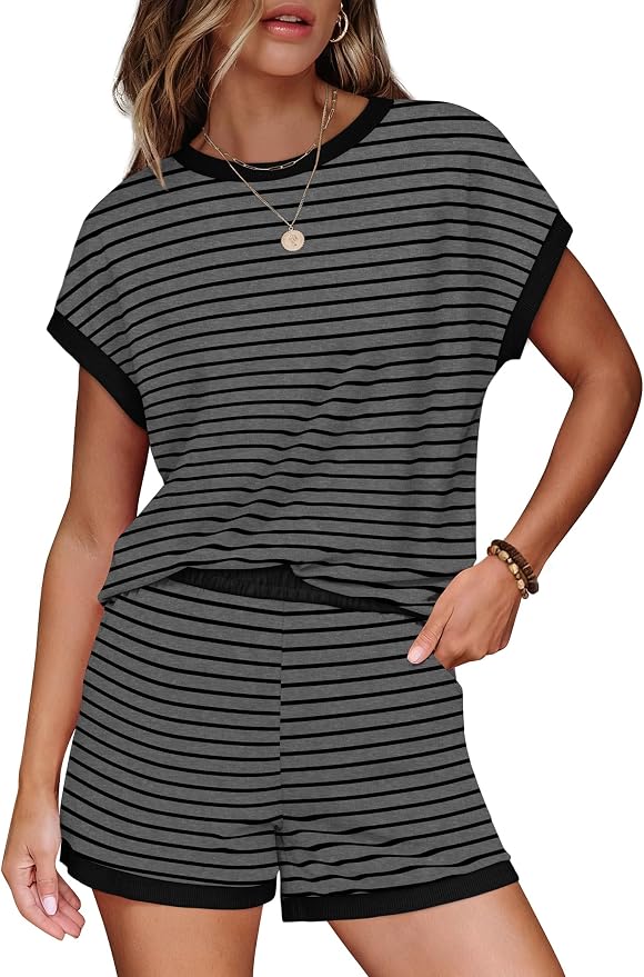 WIHOLL Two Piece Sets for Women Summer Lounge Short Sets Cap Sleeve Crew Neck Sweatsuit with Pocket XS-2XL