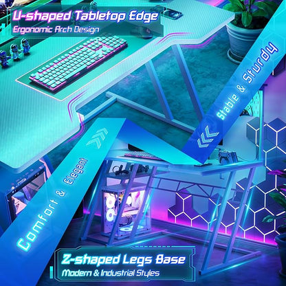 55'' White Gaming Desk with Hutch and LED Lights, Gaming Computer Desk with Storage Shelves & Z-Shaped Legs, Reversible PC Gaming Desk with Pegboard, Ergonomic Desk for Bedroom, Carbon Fiber Surface