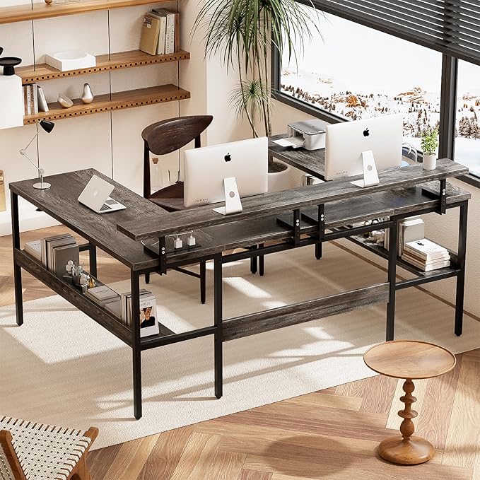 Customizable U Shaped Computer Desk with Adjustable Monitor Stand, Reversible L Shaped Gaming Desk with Power Outlet and Smart LED Light, Sturdy Office Desk with Storage Shelves, Black Oak