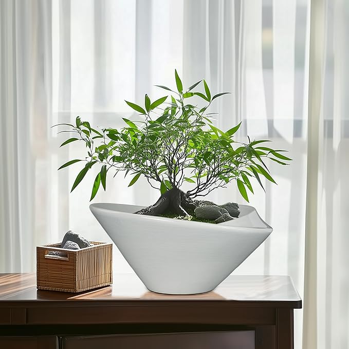 Bonsai Pots 13 Inch - Ceramic Succulent Pots with Drainage Hole Decorative Plant Pot Indoor Large Outdoor Planter Modern Flower Pot for Home Garden Office Room Decor Gray