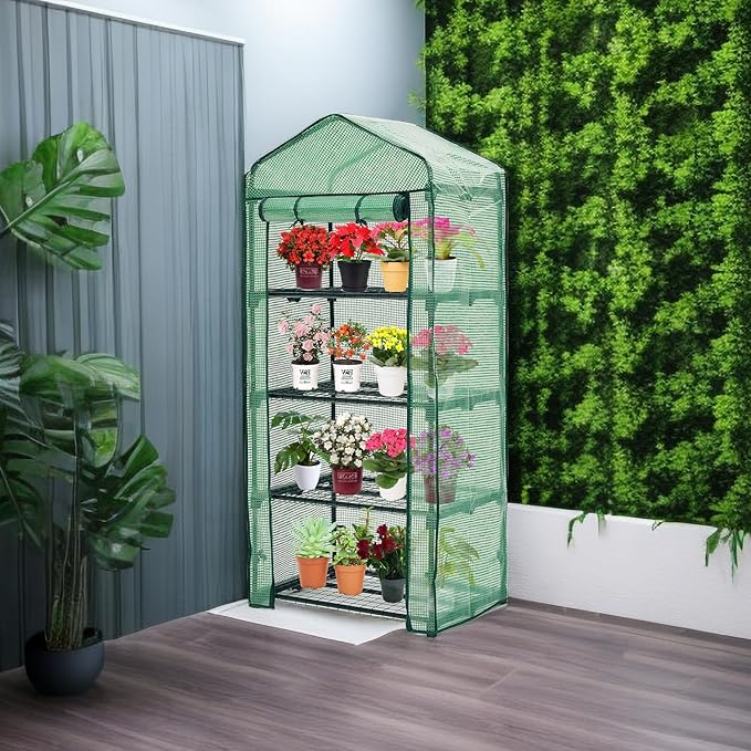 Mini Greenhouse for Indoor Outdoor,Plant Green House 4-Tier Rack Stand Portable Greenhouses with Durable PE Cover for Seedling, 2.5x1.6x5.2 FT Ideal Gardening Gifts for Women Men(PLGH704G)