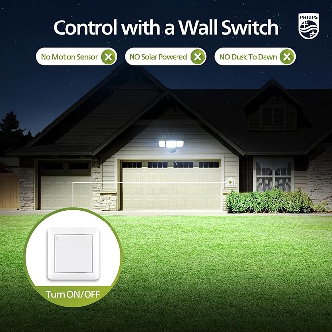 Philips 72W 7400LM LED Flood Lights Outdoor, Switch Controlled Aluminum Security Lights, 3 Adjustable Heads, Wall Mount, 5000K Daylight, Waterproof for Yard, Garage