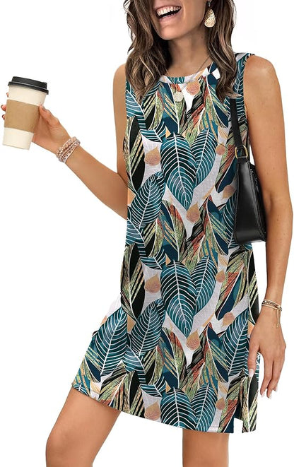 WIHOLL Casual Dresses for Women Crewneck Sleeveless Tank Dress Summer Spring Boho Vacation Clothes