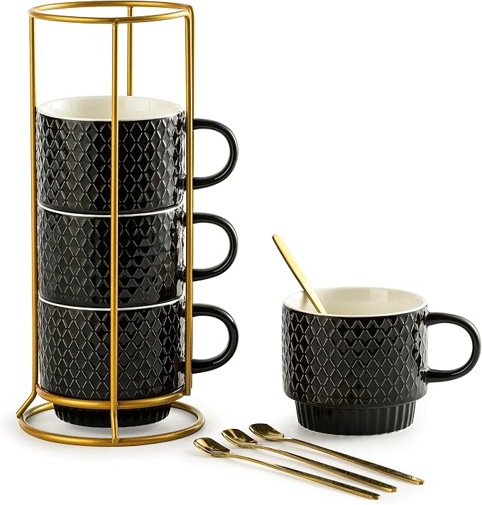 Gomakren Coffee Mugs Set of 4, 13oz Stackable Coffee Cups with Stand, Black | Gloss Embossed Stoneware, Gold Rack & Spoons | for Coffee, Milk, Tea, Cocoa, Daily & Gifting Use | Microwave/Dishwasher Safe