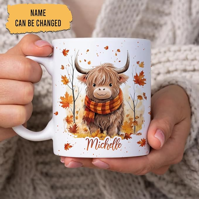 Hyturtle Personalized Fall Highland Cow Maple Leaves Coffee Mug Décor | Birthday Gifts For Cow Lovers - Fall Autumn Gifts For Farmhouse Thanksgiving - Custom Name 11oz White Ceramic Coffee Tea Mug