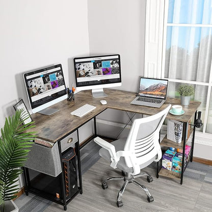 X-cosrack 2 Person Desk Large L-Shaped Computer Desk with Storage Shelves Drawer, Home Office Writing Corner Desk, Long Desk PC Laptop Workstation with Hooks Storage Bag Cable Hole