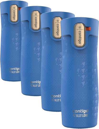 Contigo x Ally Love Stainless Steel Vacuum-Insulated TravelMug with Autoseal & Easy Clean Lid,Spill-proof,Keeps Drinks cold 24 hrs & hot for 11 hrs,BPA Free,16oz.,West Loop 3.0,Stellar Jay (Pack of 4)