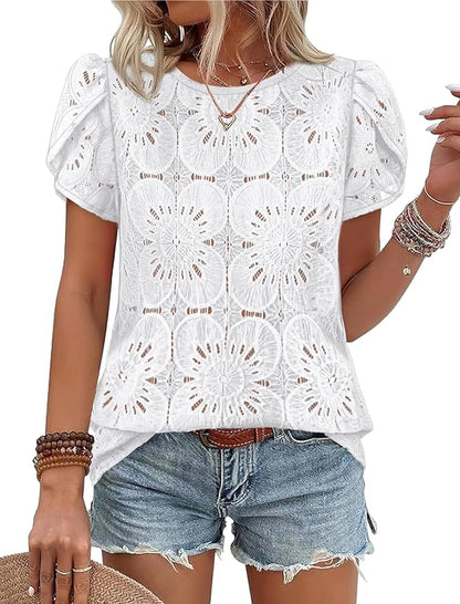 OFEEFAN Blouses for Women Dressy Casual Petal Short Sleeve Shirts Crochet Lace Boho Tops Spring Fashion Summer Outfits