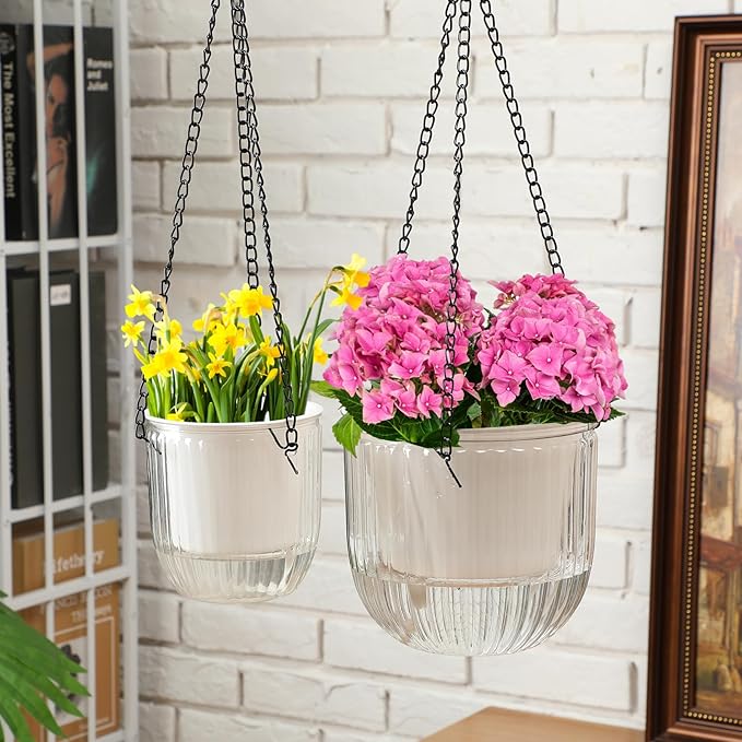 Maxcheck 4 Pcs Self Watering Hanging Planters Indoor Gift 6.5'' 4.5'' Hanging Flower Pots Baskets Outdoor Self Watering Plant with 3hooks Drainage Holes for Home(Clear)