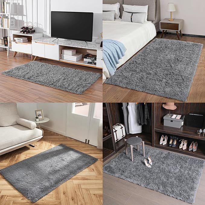Ophanie Grey Machine Washable 3 x 5 Feet Rugs for Bedroom, Fluffy Shaggy Bedside Floor Dorm Area Rug, Soft Fuzzy Non-Slip Indoor Room Carpet for Kids Boys Girls Teen Home Decor Aesthetic, Nursery