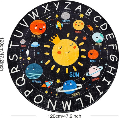 Round ABC Kids Rug,4 Ft Soft Circle Alphabet Playroom Rug,Washable Non-Slip Solar System Kids Play Rug,Space Educational Rug Kids Carpet for Classroom Playroom Bedroom Kids Room Decor